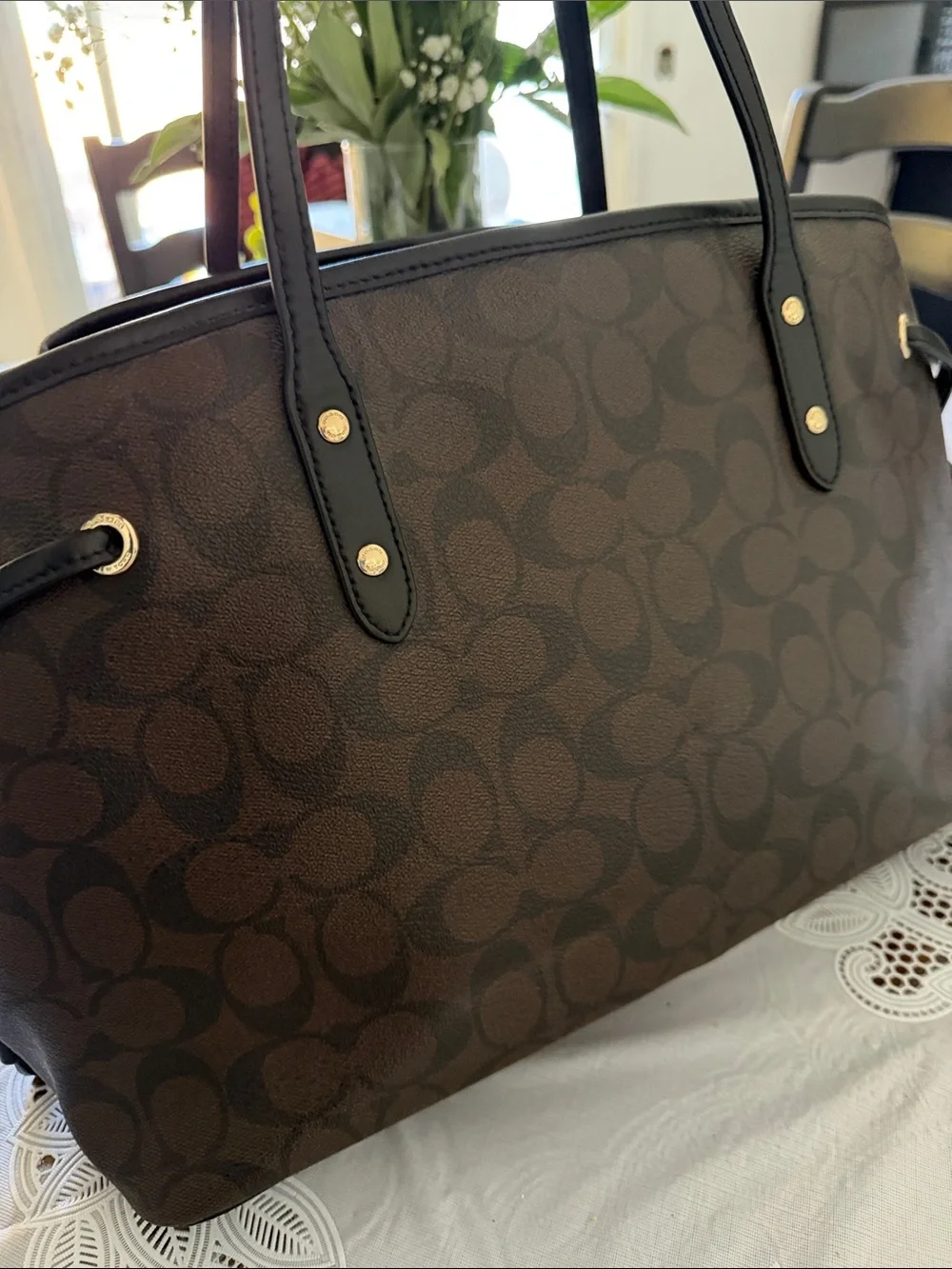 Coach Brown and Black Signature Canvas Tote Pristine Condition Like New - Picture 3 of 13